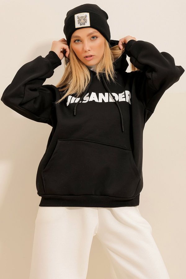 Trend Alaçatı Stili Trend Alaçatı Stili Women's Black Hooded Kangaroo Pocket 3 Thread Inner Raising Front Printed Oversize Sweatshirt