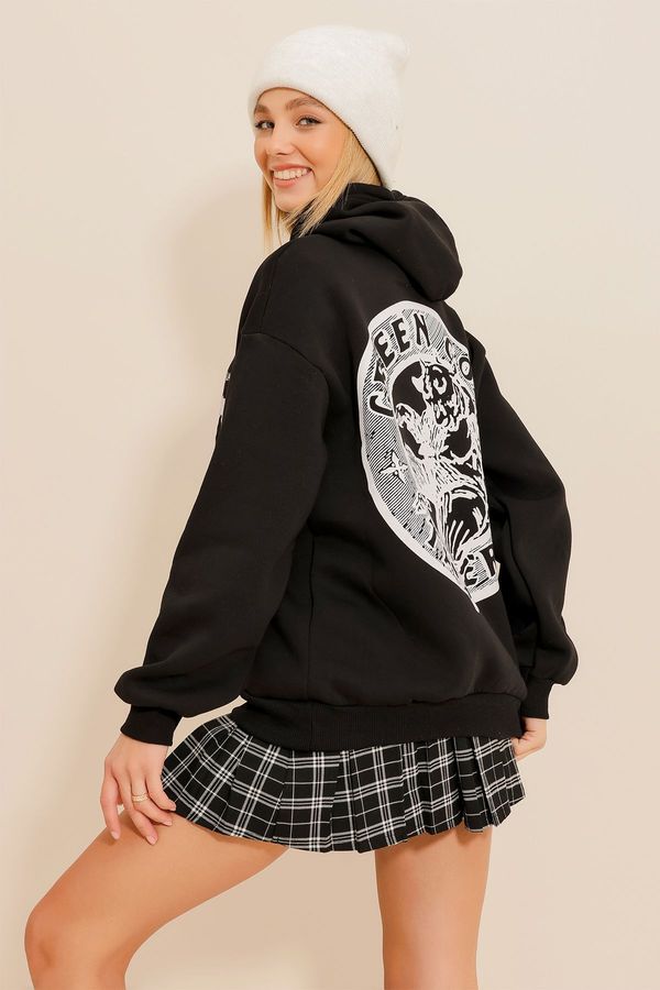 Trend Alaçatı Stili Trend Alaçatı Stili Women's Black Hooded Sweatshirt with Back and Front Printed 3 Thread Inside Raised
