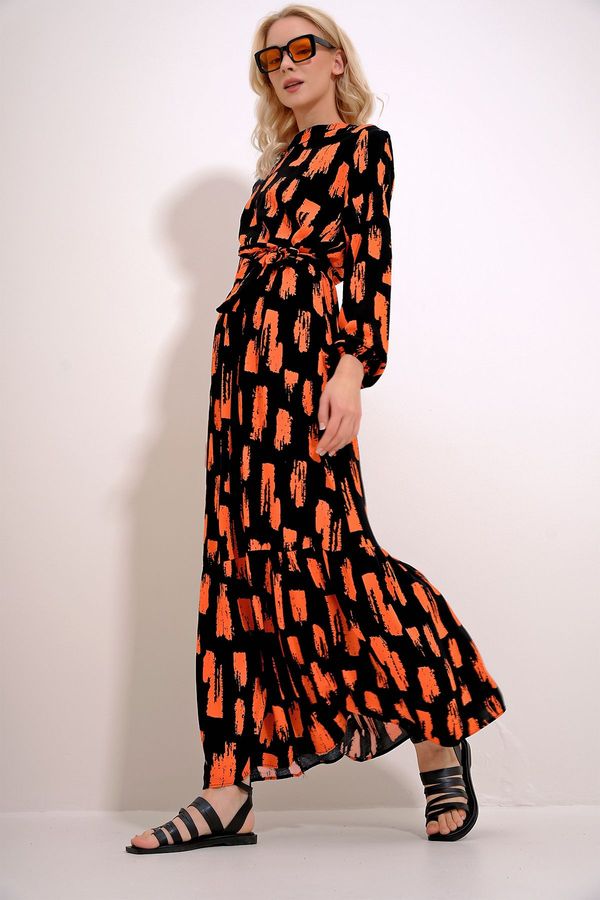 Trend Alaçatı Stili Trend Alaçatı Stili Women's Black-Orange Crew Neck Patterned Skirt Flounce Belted Waist Maxiboy Dress