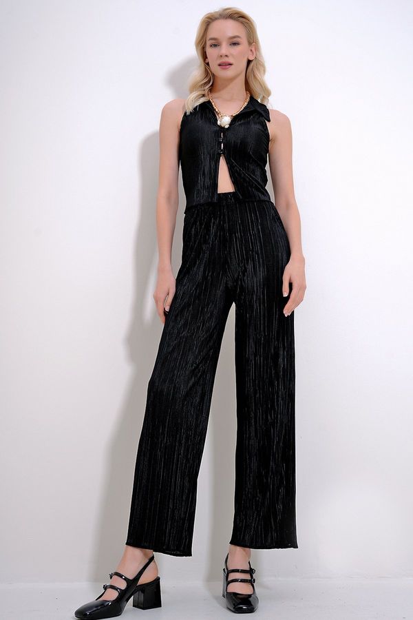 Trend Alaçatı Stili Trend Alaçatı Stili Women's Black Pleated Shirt And Palazzo Pants Double Suit