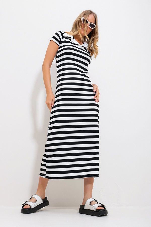 Trend Alaçatı Stili Trend Alaçatı Stili Women's Black Polo Neck Striped Maxi Length Dress