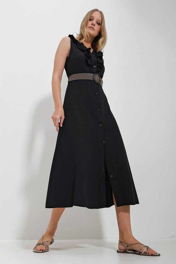 Trend Alaçatı Stili Trend Alaçatı Stili Women's Black Poplin Woven Dress With Frilly Front Belt