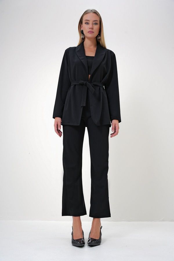 Trend Alaçatı Stili Trend Alaçatı Stili Women's Black Shawl Collar Self-Belted Jacket and Palazzo Trousers Set