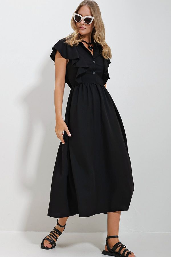Trend Alaçatı Stili Trend Alaçatı Stili Women's Black Shirt Collar Half Pop Ruffle Detail Hidden Zipper Midi Length Dress