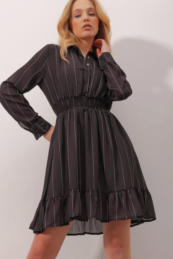 Trend Alaçatı Stili Trend Alaçatı Stili Women's Black Shirt Collar With Buttons Down Skirt With Frills, Inner Lining Woven Dress