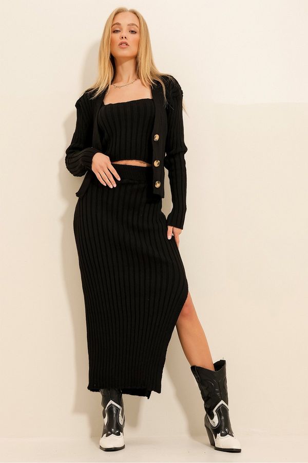 Trend Alaçatı Stili Trend Alaçatı Stili Women's Black Slit Skirt Strap Top and Knitwear Cardigan 3 Piece Set