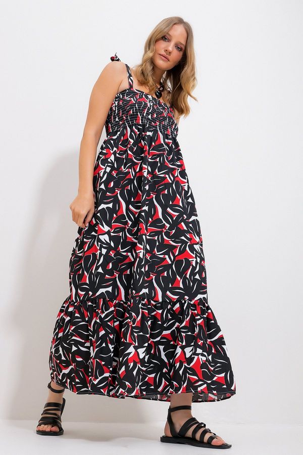 Trend Alaçatı Stili Trend Alaçatı Stili Women's Black Strap Skirt Flounce Floral Pattern Gimped Woven Dress