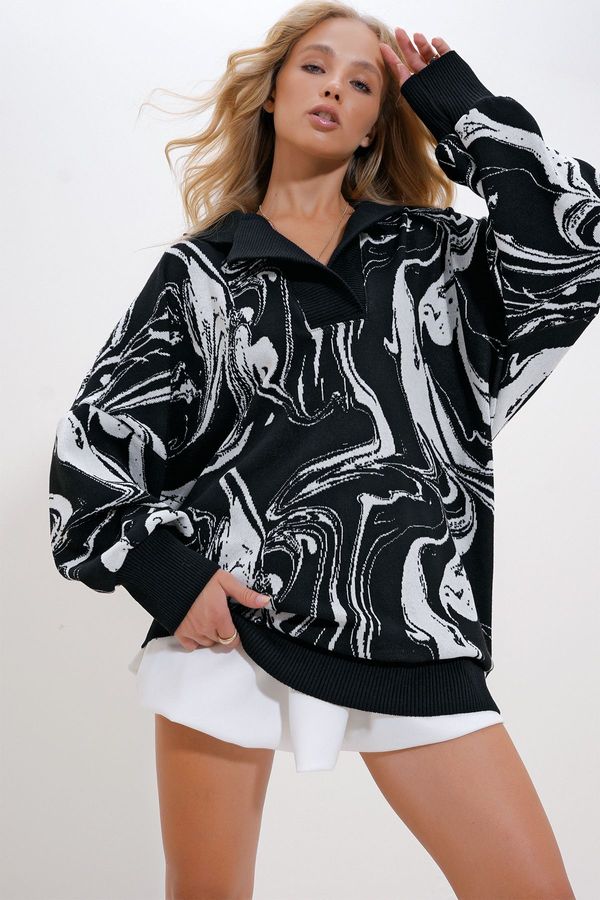 Trend Alaçatı Stili Trend Alaçatı Stili Women's Black-White Polo Neck Patterned Knitwear Sweatshirt