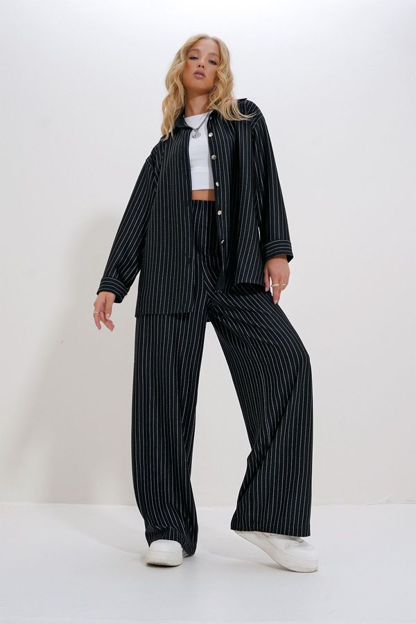 Trend Alaçatı Stili Trend Alaçatı Stili Women's Black-White Striped Shirt Jacket and Palazzo Pants Two Piece Set