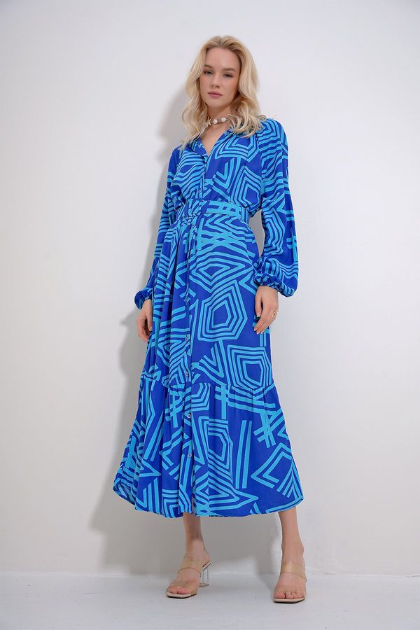 Trend Alaçatı Stili Trend Alaçatı Stili Women's Blue Magnifying Collar Buttoned Front Waist Belt Patterned Woven Viscose Dress