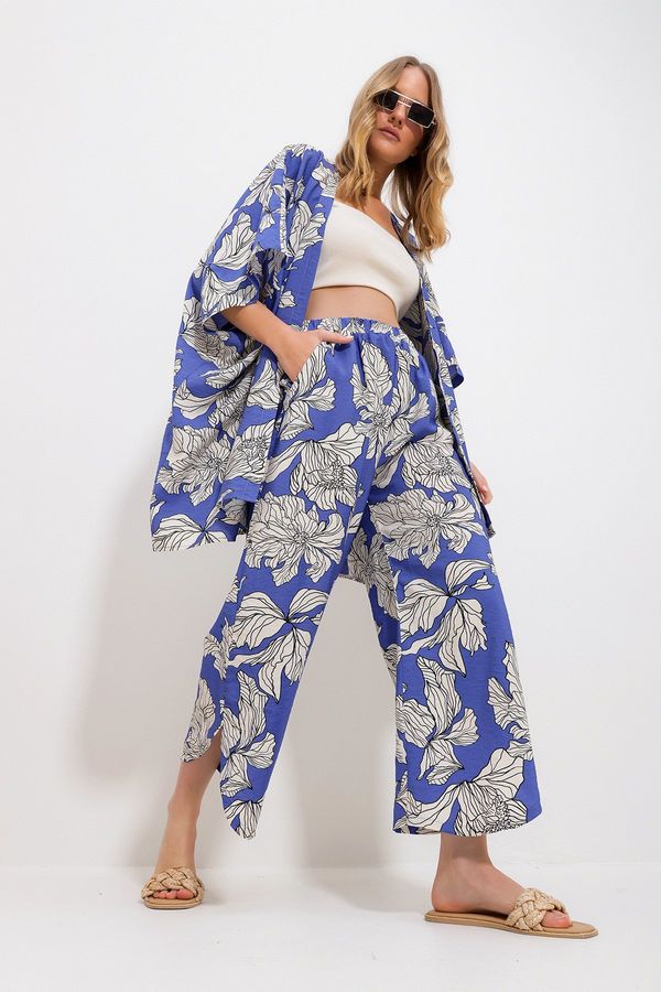 Trend Alaçatı Stili Trend Alaçatı Stili Women's Blue Palazzo Pants And Patterned Woven Viscose Kimono Suit