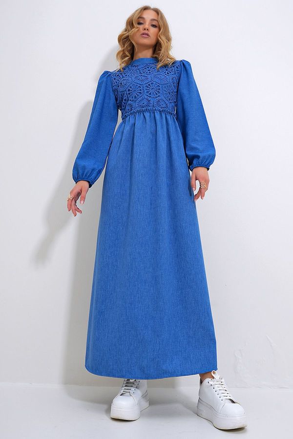 Trend Alaçatı Stili Trend Alaçatı Stili Women's Blue Stand Collar Crochet Braided Back Zipper Woven Dress
