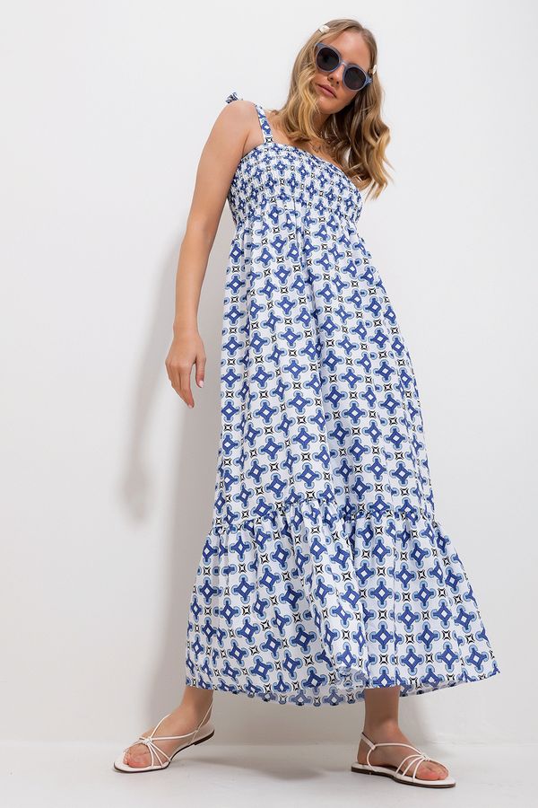 Trend Alaçatı Stili Trend Alaçatı Stili Women's Blue Strap Skirt Flounce Floral Pattern Gimped Woven Dress