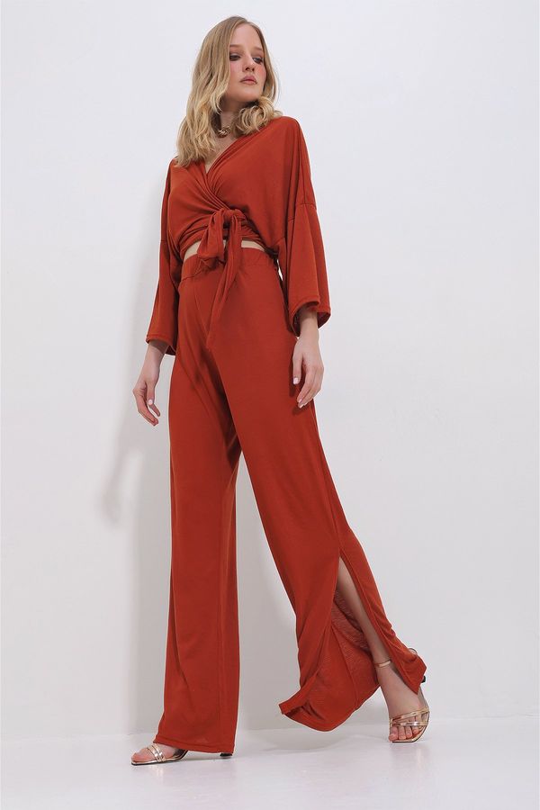 Trend Alaçatı Stili Trend Alaçatı Stili Women's Brick Double Breasted Collar Tied Blouse and Slit Loose Cut Trousers Suit