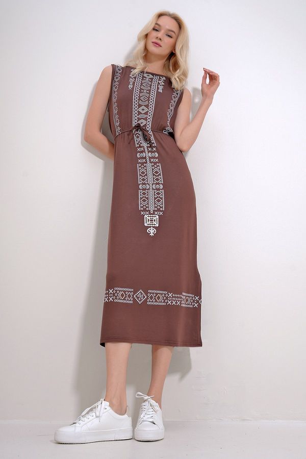 Trend Alaçatı Stili Trend Alaçatı Stili Women's Brown Embroidery Printed Bohemian Dress