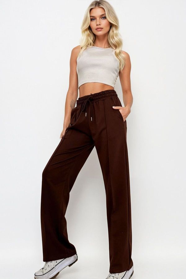Trend Alaçatı Stili Trend Alaçatı Stili Women's Brown High Waist Front Turned Wide Leg Double Pocket Sweatpants
