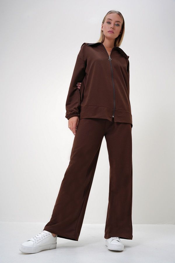 Trend Alaçatı Stili Trend Alaçatı Stili Women's Brown Polo Collar Zippered Jacket and Trousers Set