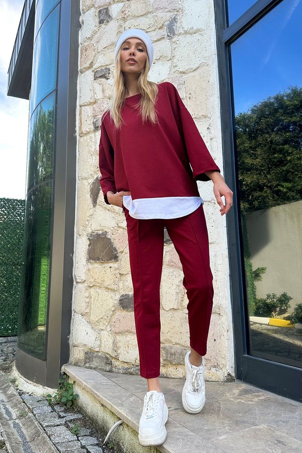 Trend Alaçatı Stili Trend Alaçatı Stili Women's Burgundy Crew Neck Garnished Blouse & Double Pocket Ribbed Stitched Trousers Set