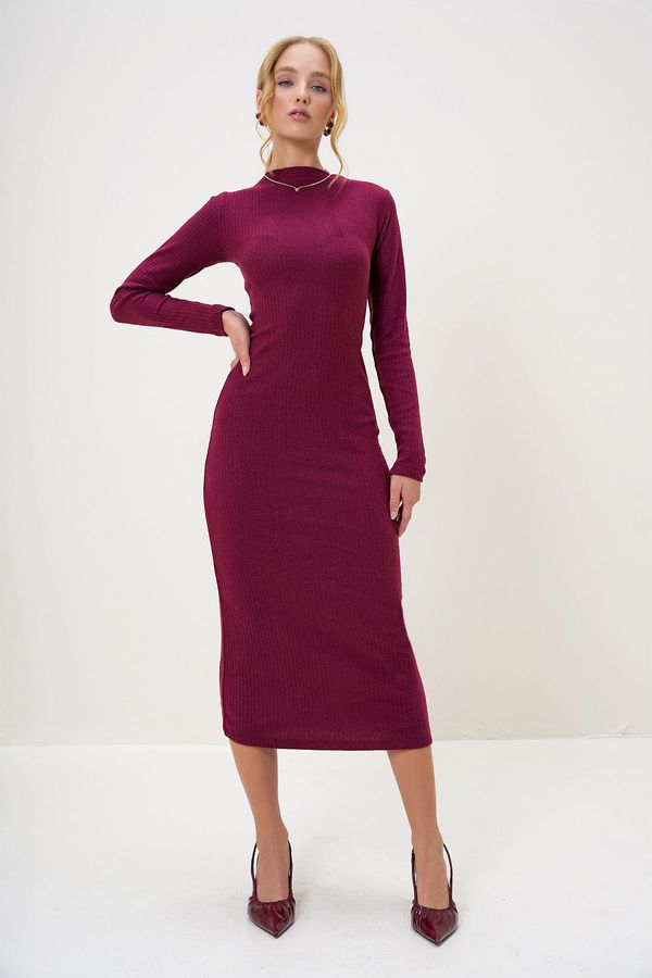 Trend Alaçatı Stili Trend Alaçatı Stili Women's Burgundy Crew Neck Long Sleeve Interlock Fabric Maxi Length Dress