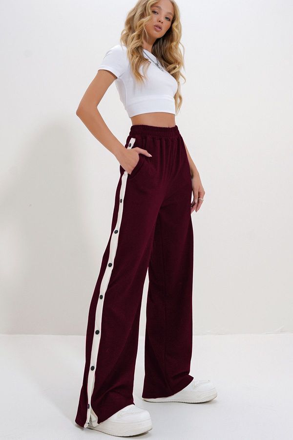 Trend Alaçatı Stili Trend Alaçatı Stili Women's Burgundy Double Pocket Elastic Side Stripe Wide Leg Pants