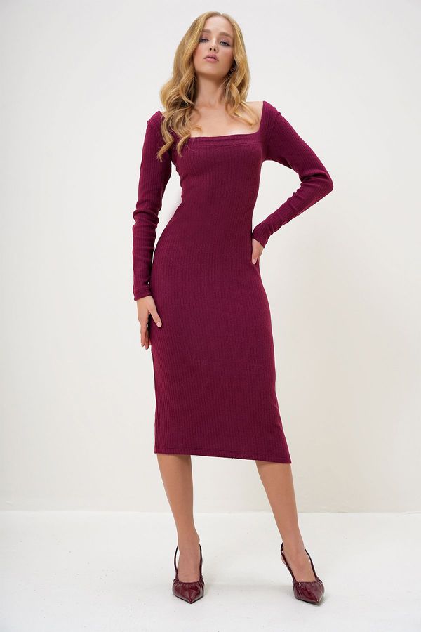 Trend Alaçatı Stili Trend Alaçatı Stili Women's Burgundy Square Neck Long Sleeve Midi Length Interlock Fabric Dress