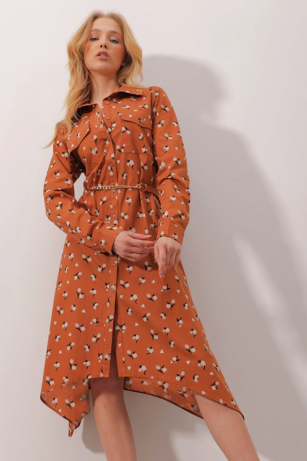 Trend Alaçatı Stili Trend Alaçatı Stili Women's Cinnamon Double Pocket Flower Patterned Poplin Shirt Dress with Chain Belt
