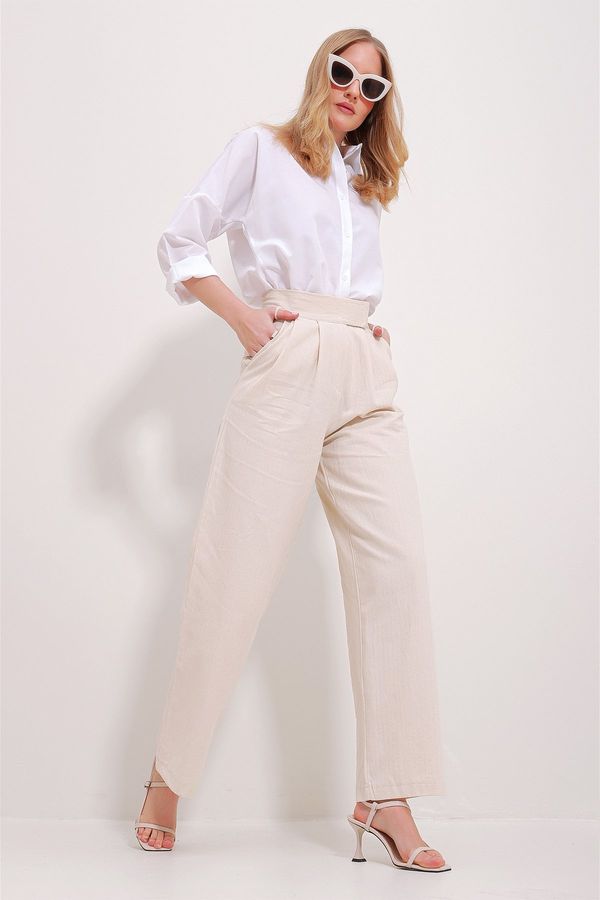 Trend Alaçatı Stili Trend Alaçatı Stili Women's Cream Waist Herringbone Trousers