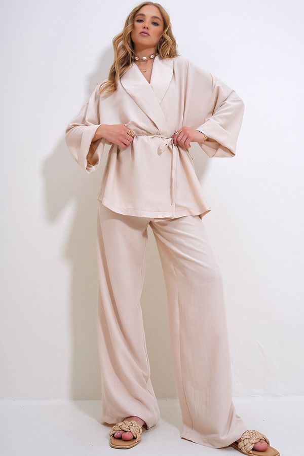 Trend Alaçatı Stili Trend Alaçatı Stili Women's Cream Wrinkled Look Blazer Jacket Top and Bottom Set