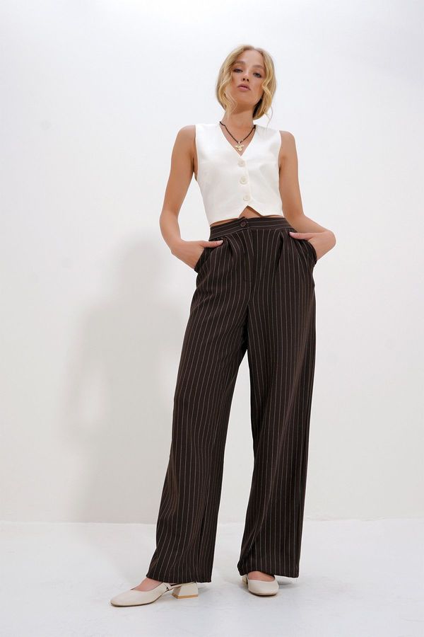 Trend Alaçatı Stili Trend Alaçatı Stili Women's Dark Brown Double Pocket Striped Palazzo Pants