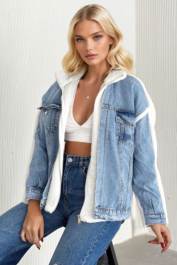 Trend Alaçatı Stili Trend Alaçatı Stili Women's Ecru-Blue Jean Garnish Zippered Lamb Plush Coat