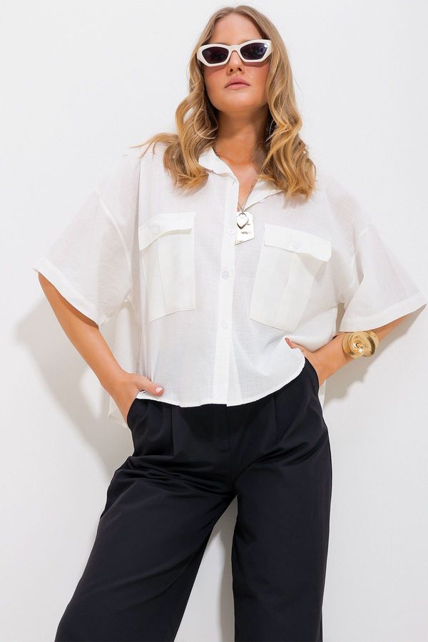 Trend Alaçatı Stili Trend Alaçatı Stili Women's Ecru Double Pocket Half Sleeve Linen Shirt