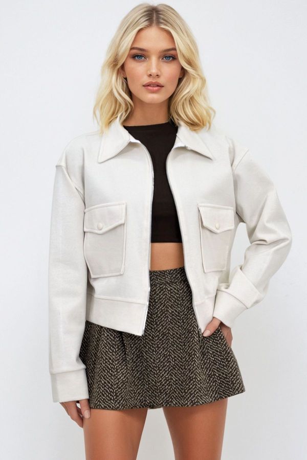 Trend Alaçatı Stili Trend Alaçatı Stili Women's Ecru Double Pocket Zipper Jacket