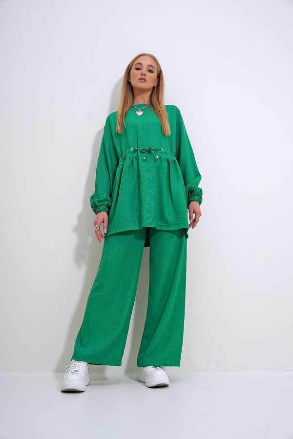 Trend Alaçatı Stili Trend Alaçatı Stili Women's Emerald Green Crew Neck Self-Belt Palazzo Trousers Tunic Suit
