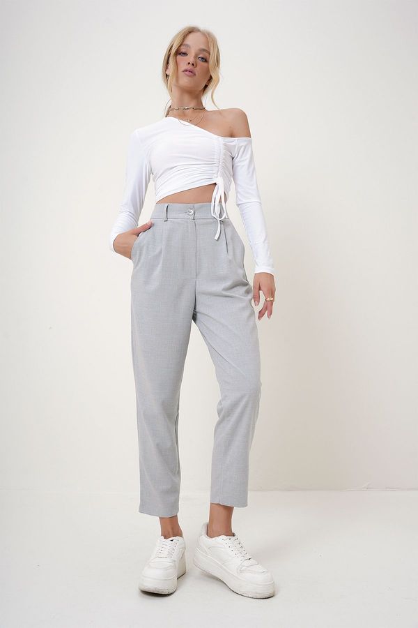 Trend Alaçatı Stili Trend Alaçatı Stili Women's Gray Belt and Stitch Detailed Fabric Trousers