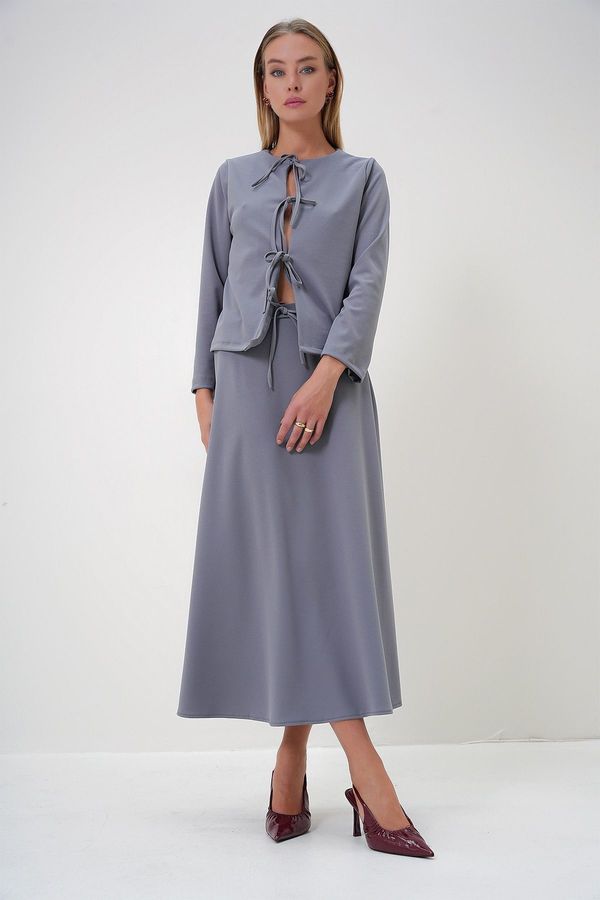 Trend Alaçatı Stili Trend Alaçatı Stili Women's Gray Crew Neck Front Tie Detail Crepe Knit Jacket and Maxi Skirt Set