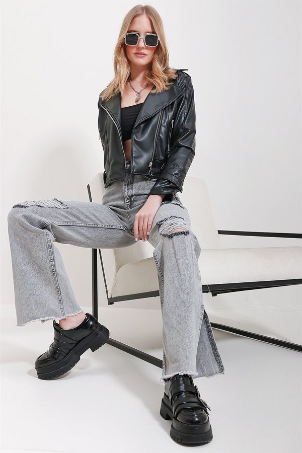 Trend Alaçatı Stili Trend Alaçatı Stili Women's Gray High Waist Side Slits Vintage Jeans