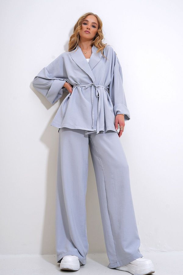 Trend Alaçatı Stili Trend Alaçatı Stili Women's Gray Wrinkled Look Blazer Jacket Top and Bottom Set