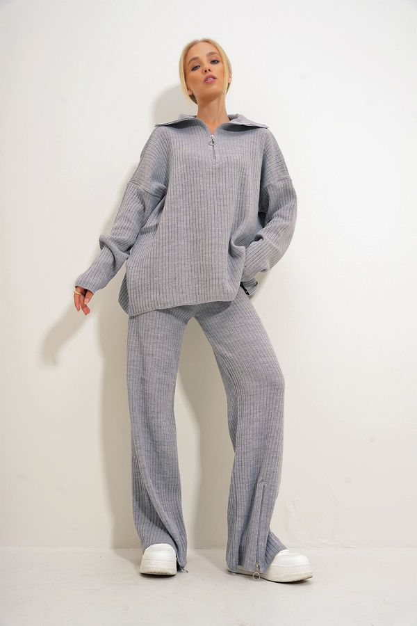 Trend Alaçatı Stili Trend Alaçatı Stili Women's Gray Zipper Detailed Sweater and Palazzo Pants Knitwear Two Piece Set