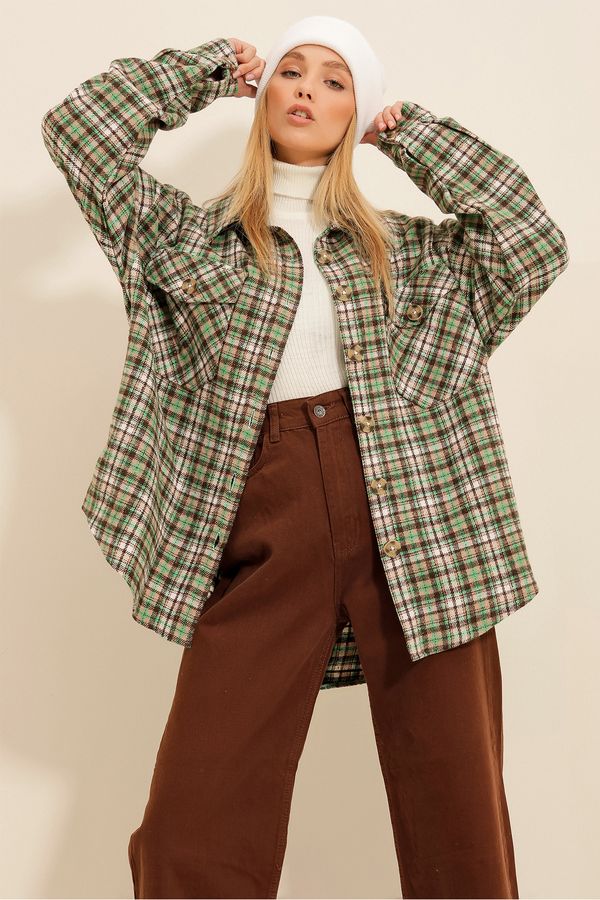 Trend Alaçatı Stili Trend Alaçatı Stili Women's Green Beige Checked Stamped Cotton Oversized Jacket Shirt