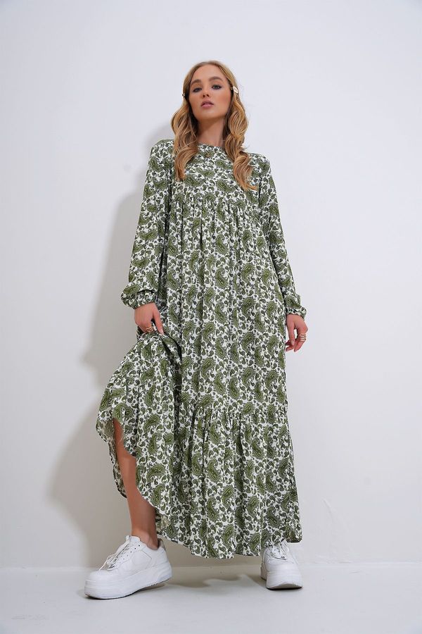 Trend Alaçatı Stili Trend Alaçatı Stili Women's Green Crew Neck Patterned Skirt Flounced Woven Viscose Dress