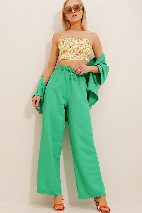 Trend Alaçatı Stili Trend Alaçatı Stili Women's Green Elastic Waist Comfort Fit Aerobin Trousers