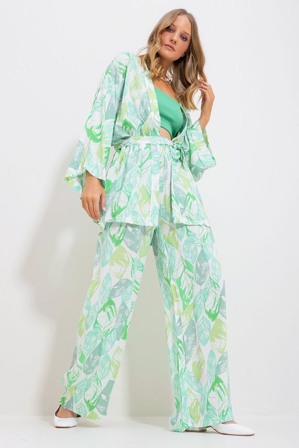 Trend Alaçatı Stili Trend Alaçatı Stili Women's Green Kimono Jacket And Palazzo Pants Suit