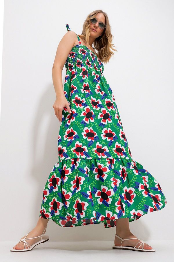Trend Alaçatı Stili Trend Alaçatı Stili Women's Green Strap Skirt Flounce Floral Pattern Gimped Woven Dress