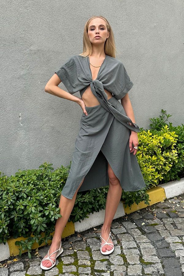 Trend Alaçatı Stili Trend Alaçatı Stili Women's Green Tied Crop Aerobin Linen Blouse and Wrap Skirt Set