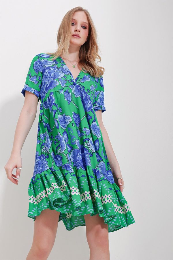 Trend Alaçatı Stili Trend Alaçatı Stili Women's Green V-Neck Skirt Flounce Viscose Dress