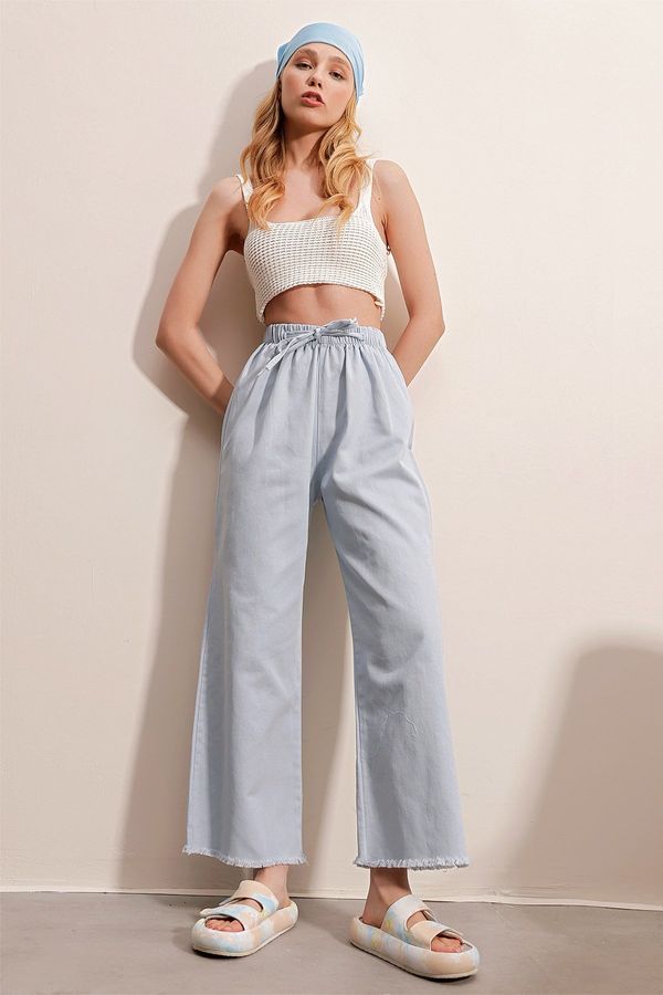 Trend Alaçatı Stili Trend Alaçatı Stili Women's Ice Blue High Waist Palazzo Jeans with Tasseled Legs