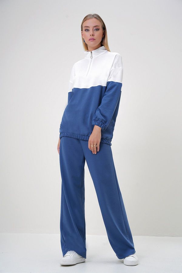 Trend Alaçatı Stili Trend Alaçatı Stili Women's Indigo Stand Collar Zippered Color Block Two Thread Top-Bottom Set