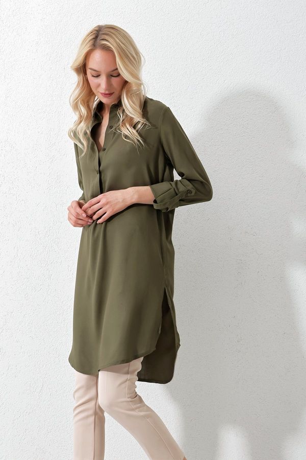 Trend Alaçatı Stili Trend Alaçatı Stili Women's Khaki Shirt Collar Half Pop Long Woven Tunic