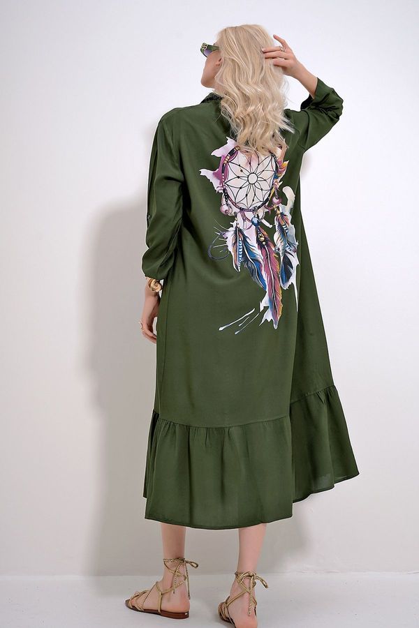 Trend Alaçatı Stili Trend Alaçatı Stili Women's Khaki Single Pocket Skirt Flounced Back Printed Woven Viscose Shirt Dress