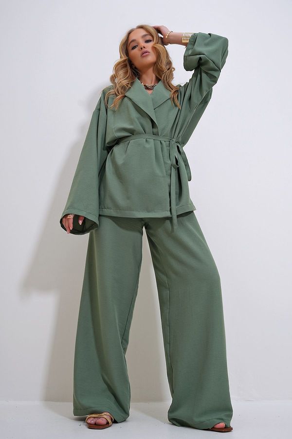 Trend Alaçatı Stili Trend Alaçatı Stili Women's Khaki Wrinkled Look Blazer Jacket Top and Bottom Set